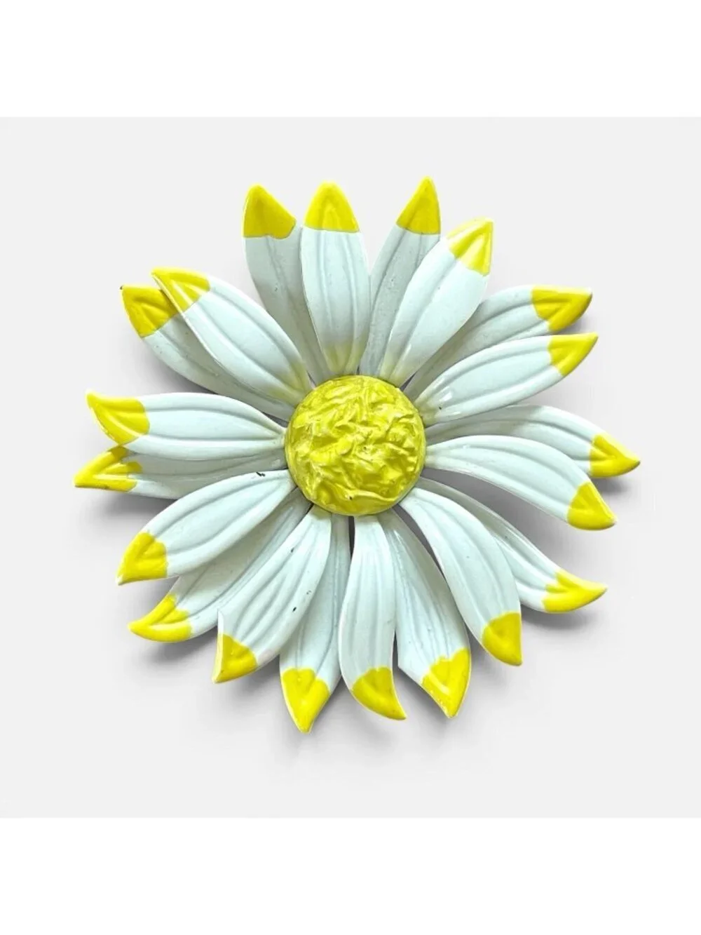 Vintage 1960s Enamel Flower Brooch Yellow White Large 2 1/2